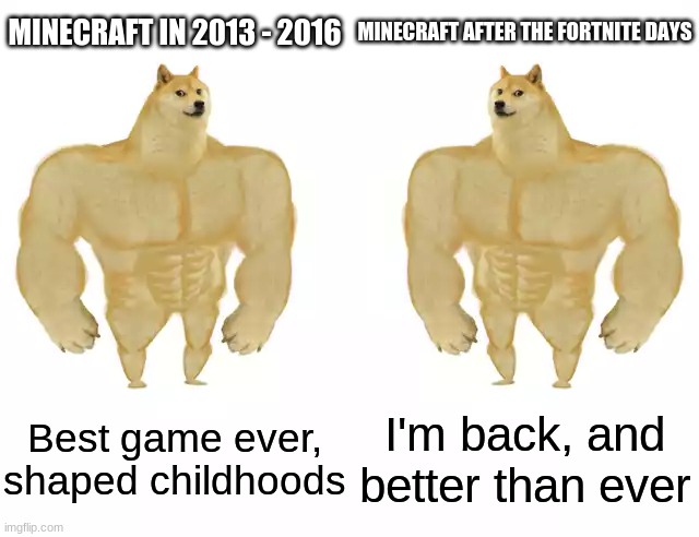 Minecraft | MINECRAFT IN 2013 - 2016; MINECRAFT AFTER THE FORTNITE DAYS; Best game ever, shaped childhoods; I'm back, and better than ever | image tagged in buff doge vs buff doge | made w/ Imgflip meme maker