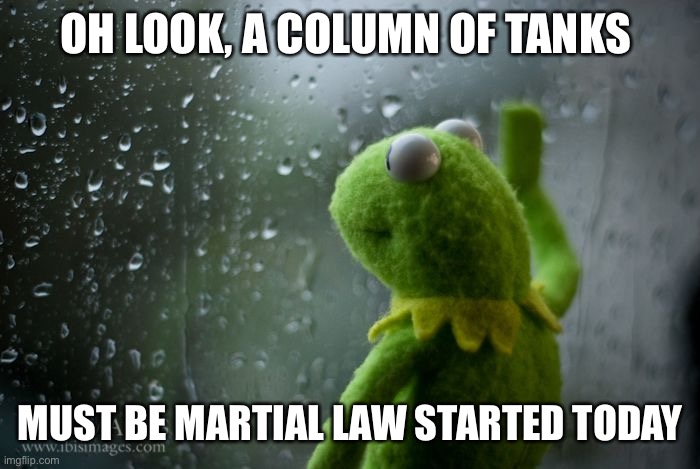 kermit window | OH LOOK, A COLUMN OF TANKS MUST BE MARTIAL LAW STARTED TODAY | image tagged in kermit window | made w/ Imgflip meme maker