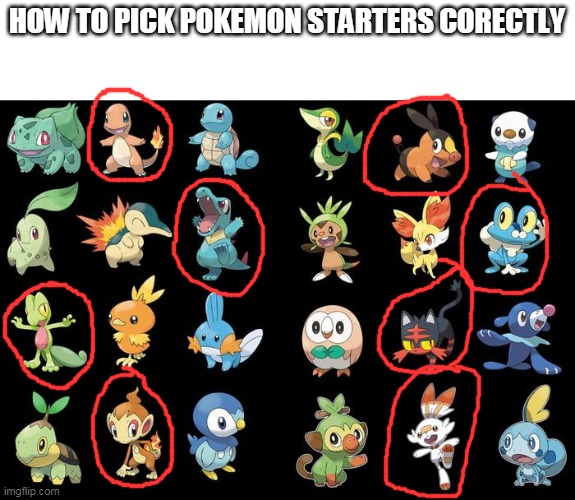 how to pick pokemon starters acording to pokemon fans | HOW TO PICK POKEMON STARTERS CORECTLY | image tagged in memes,funny,pokemon | made w/ Imgflip meme maker