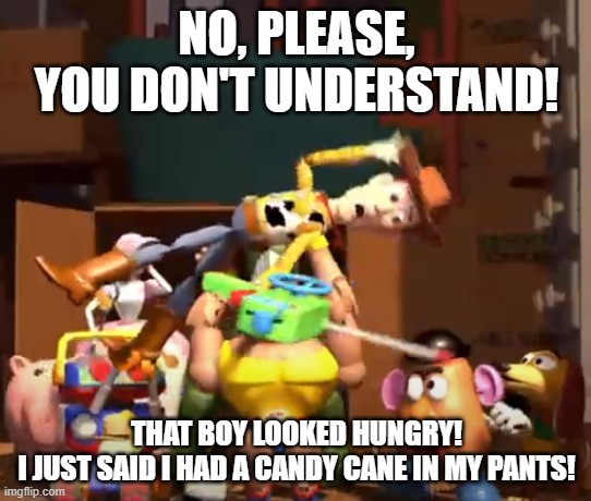 No, please, you don't understand! | NO, PLEASE, YOU DON'T UNDERSTAND! THAT BOY LOOKED HUNGRY!
I JUST SAID I HAD A CANDY CANE IN MY PANTS! | image tagged in no please you don't understand | made w/ Imgflip meme maker