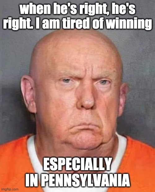 tired of winning (smirk) | when he's right, he's right. I am tired of winning; ESPECIALLY IN PENNSYLVANIA | image tagged in winning,trump,pennsylvania | made w/ Imgflip meme maker