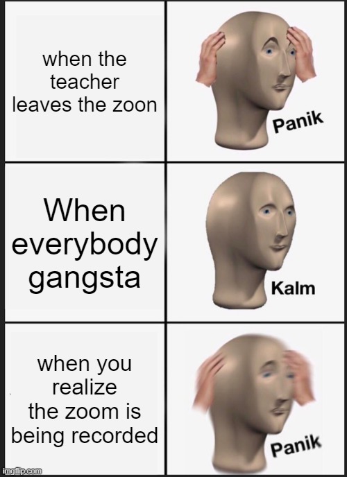 Relatable or Not? XD | when the teacher leaves the zoon; When everybody gangsta; when you realize the zoom is being recorded | image tagged in memes,panik kalm panik | made w/ Imgflip meme maker