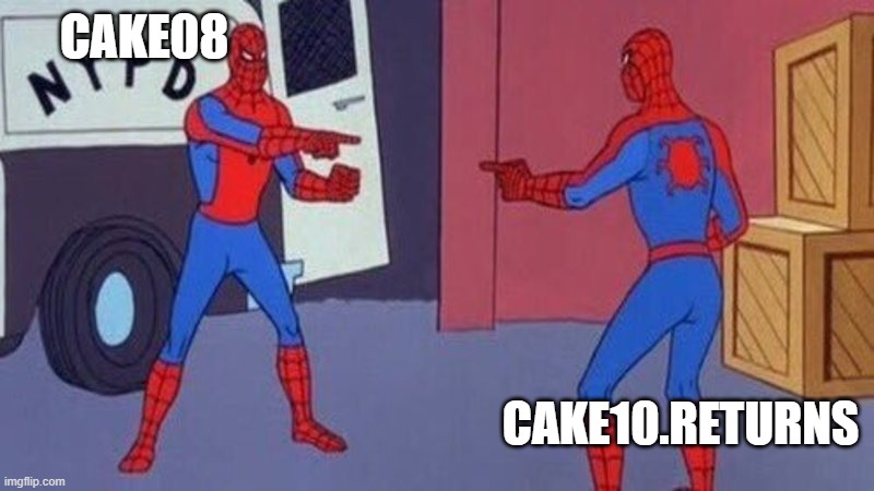 spiderman pointing at spiderman | CAKE08 CAKE10.RETURNS | image tagged in spiderman pointing at spiderman | made w/ Imgflip meme maker