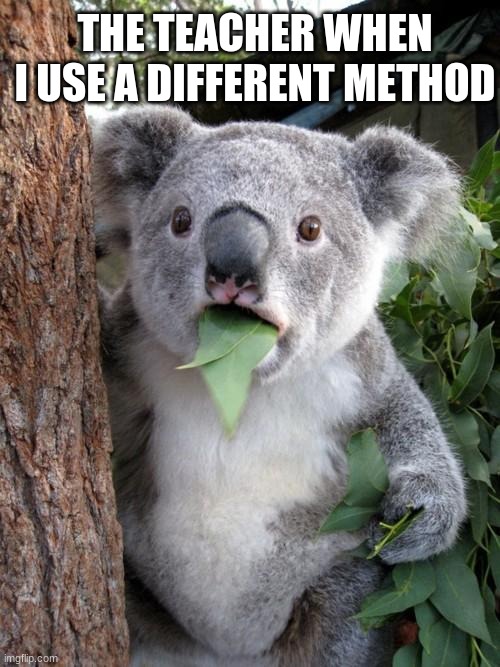 Surprised Koala | THE TEACHER WHEN I USE A DIFFERENT METHOD | image tagged in memes,surprised koala | made w/ Imgflip meme maker
