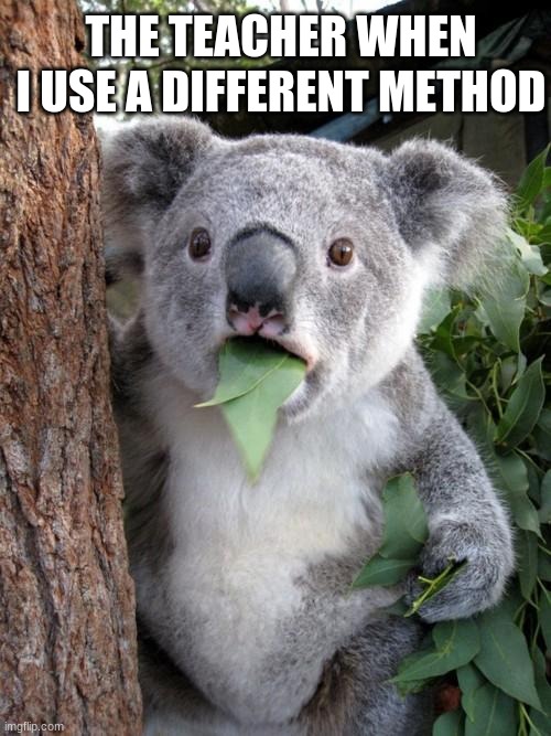 Surprised Koala Meme | THE TEACHER WHEN I USE A DIFFERENT METHOD | image tagged in memes,surprised koala | made w/ Imgflip meme maker