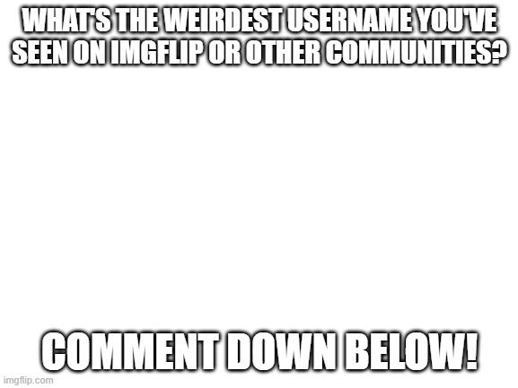 upvote for more people to see! (I'm trying not to upvote beg) | WHAT'S THE WEIRDEST USERNAME YOU'VE SEEN ON IMGFLIP OR OTHER COMMUNITIES? COMMENT DOWN BELOW! | image tagged in blank white template,comments,username | made w/ Imgflip meme maker