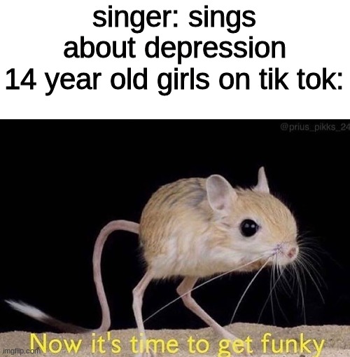 Now it’s time to get funky |  singer: sings about depression
14 year old girls on tik tok: | image tagged in now it s time to get funky | made w/ Imgflip meme maker