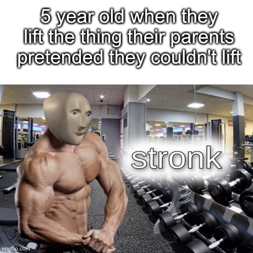 Meme man stronk | 5 year old when they lift the thing their parents pretended they couldn't lift | image tagged in meme man,stronks | made w/ Imgflip meme maker