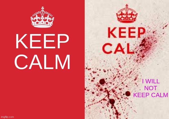 KEEP CALM????? | KEEP CALM; I WILL NOT KEEP CALM | image tagged in memes,keep calm and carry on red | made w/ Imgflip meme maker