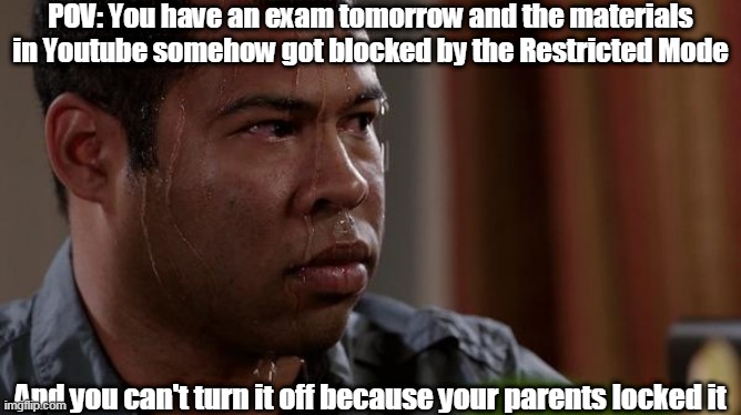 This happened to me a few days ago. | POV: You have an exam tomorrow and the materials in Youtube somehow got blocked by the Restricted Mode; And you can't turn it off because your parents locked it | image tagged in sweating bullets | made w/ Imgflip meme maker