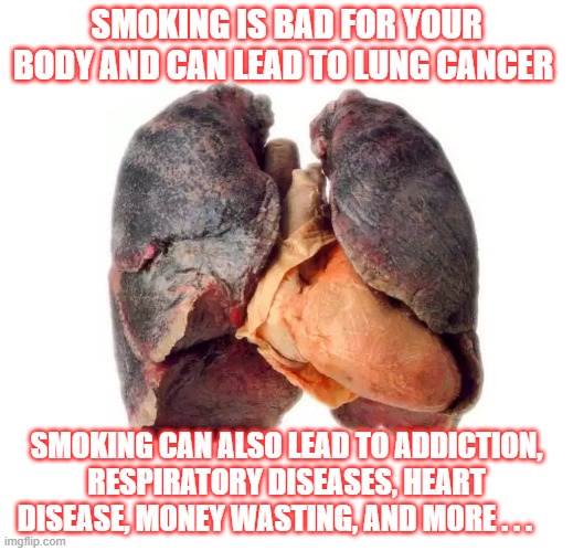 Smoker sick unhealthy lungs | SMOKING IS BAD FOR YOUR BODY AND CAN LEAD TO LUNG CANCER; SMOKING CAN ALSO LEAD TO ADDICTION, RESPIRATORY DISEASES, HEART DISEASE, MONEY WASTING, AND MORE . . . | image tagged in smoker sick unhealthy lungs | made w/ Imgflip meme maker