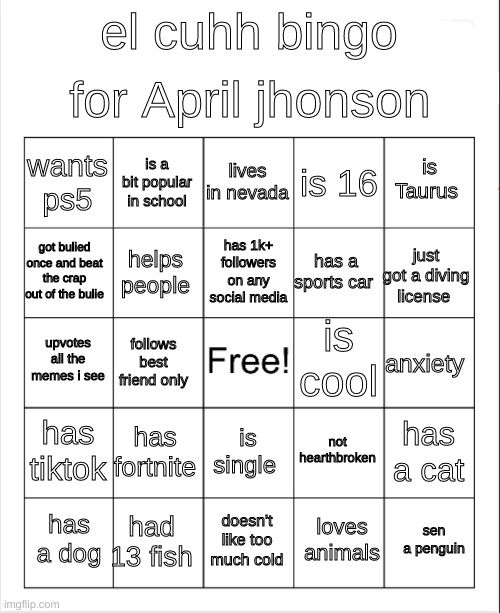 Blank Bingo | for April jhonson; el cuhh bingo; lives in nevada; is a bit popular in school; is Taurus; wants ps5; is 16; has 1k+ followers on any social media; got bulied once and beat the crap out of the bulie; just got a diving license; has a sports car; helps people; is cool; upvotes all the memes i see; anxiety; follows best friend only; has tiktok; has fortnite; has a cat; not hearthbroken; is single; had 13 fish; sen a penguin; has a dog; doesn't like too much cold; loves animals | image tagged in blank bingo | made w/ Imgflip meme maker