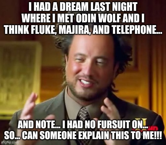 I am serious... I had that dream last night... | I HAD A DREAM LAST NIGHT WHERE I MET ODIN WOLF AND I THINK FLUKE, MAJIRA, AND TELEPHONE... AND NOTE... I HAD NO FURSUIT ON... SO... CAN SOMEONE EXPLAIN THIS TO ME!!! | image tagged in memes,ancient aliens | made w/ Imgflip meme maker
