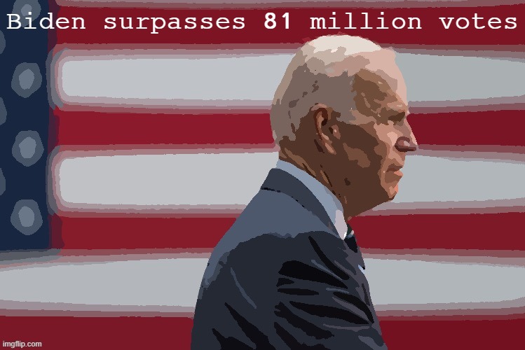 They're still counting. And he just passed another historic milestone. | Biden surpasses 81 million votes | image tagged in joe biden flag posterized,american flag,joe biden,biden,popular vote,election 2020 | made w/ Imgflip meme maker