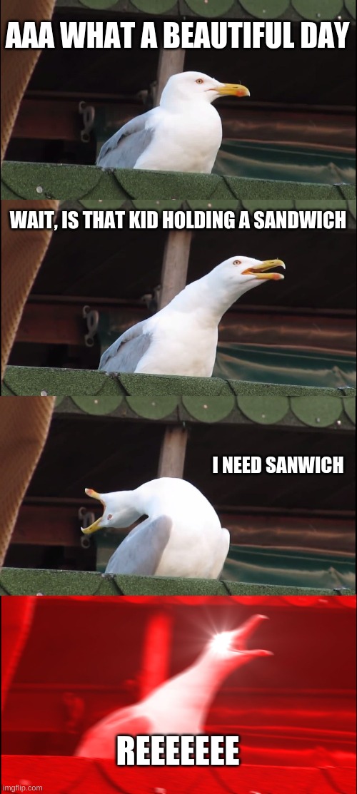 Inhaling Seagull | AAA WHAT A BEAUTIFUL DAY; WAIT, IS THAT KID HOLDING A SANDWICH; I NEED SANWICH; REEEEEEE | image tagged in memes,inhaling seagull | made w/ Imgflip meme maker