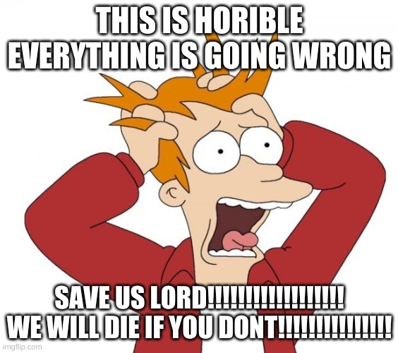 Panic | THIS IS HORIBLE EVERYTHING IS GOING WRONG SAVE US LORD!!!!!!!!!!!!!!!!!! WE WILL DIE IF YOU DONT!!!!!!!!!!!!!!! | image tagged in panic | made w/ Imgflip meme maker