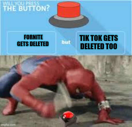 will you press the button? |  FORNITE GETS DELETED; TIK TOK GETS DELETED TOO | image tagged in will you press the button | made w/ Imgflip meme maker