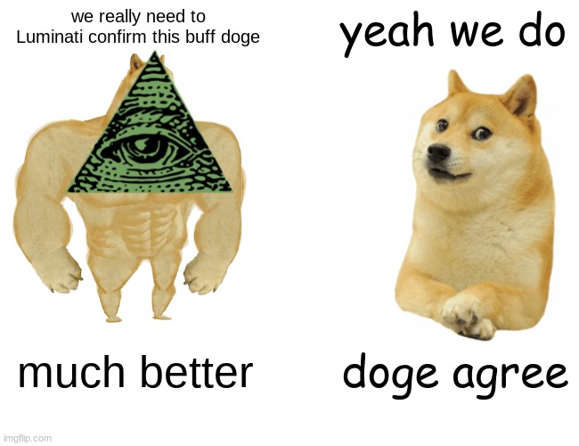 Has anybody thought of illuminati confirming the buff doge? Anyone? No? | we really need to Luminati confirm this buff doge; yeah we do; much better; doge agree | image tagged in memes,buff doge vs cheems,illuminati confirmed | made w/ Imgflip meme maker