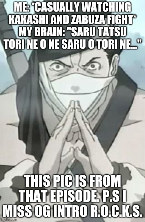 saru tatsu tori ne o ne saru o tori ne... | ME: *CASUALLY WATCHING KAKASHI AND ZABUZA FIGHT*
MY BRAIN: "SARU TATSU TORI NE O NE SARU O TORI NE..."; THIS PIC IS FROM THAT EPISODE. P.S I MISS OG INTRO R.O.C.K.S. | image tagged in zabuza | made w/ Imgflip meme maker