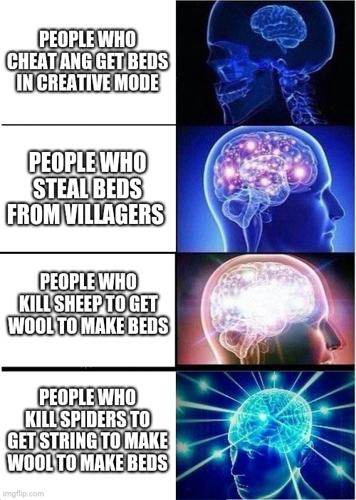Expanding Brain | PEOPLE WHO CHEAT ANG GET BEDS IN CREATIVE MODE; PEOPLE WHO STEAL BEDS FROM VILLAGERS; PEOPLE WHO KILL SHEEP TO GET WOOL TO MAKE BEDS; PEOPLE WHO KILL SPIDERS TO GET STRING TO MAKE WOOL TO MAKE BEDS | image tagged in memes,expanding brain | made w/ Imgflip meme maker