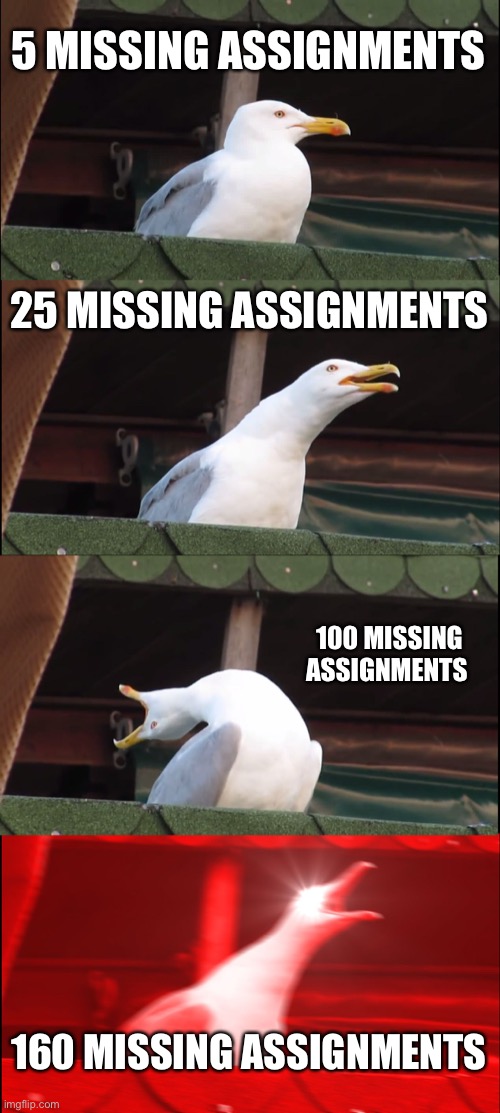 Inhaling Seagull Meme | 5 MISSING ASSIGNMENTS; 25 MISSING ASSIGNMENTS; 100 MISSING ASSIGNMENTS; 160 MISSING ASSIGNMENTS | image tagged in memes,inhaling seagull | made w/ Imgflip meme maker