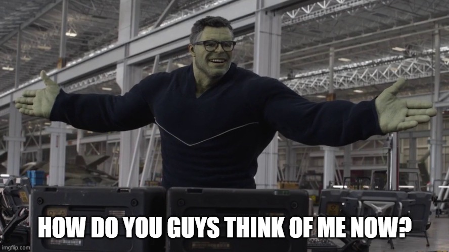 Hulk time travel | HOW DO YOU GUYS THINK OF ME NOW? | image tagged in hulk time travel | made w/ Imgflip meme maker