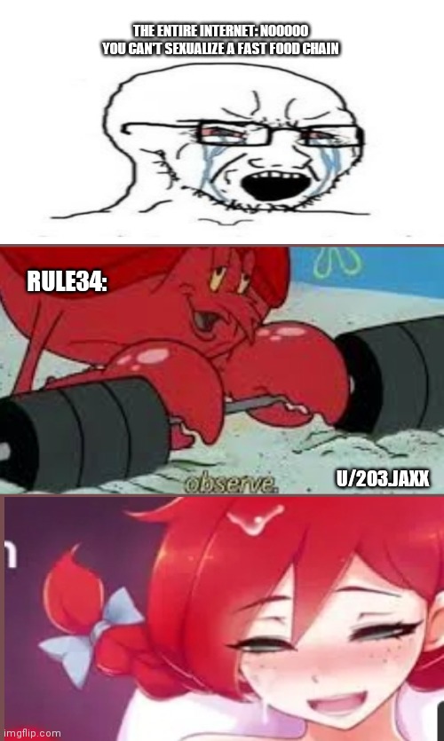 THE ENTIRE INTERNET: NOOOOO YOU CAN'T SEXUALIZE A FAST FOOD CHAIN; RULE34:; U/203.JAXX | image tagged in rule 34,wendy's,noooo you can't just | made w/ Imgflip meme maker