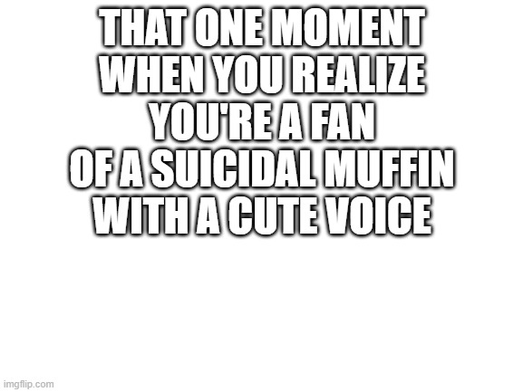 ._. | THAT ONE MOMENT WHEN YOU REALIZE YOU'RE A FAN OF A SUICIDAL MUFFIN WITH A CUTE VOICE | image tagged in blank white template | made w/ Imgflip meme maker