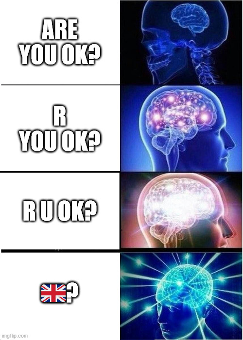 Expanding Brain | ARE YOU OK? R YOU OK? R U OK? 🇬🇧? | image tagged in memes,expanding brain | made w/ Imgflip meme maker