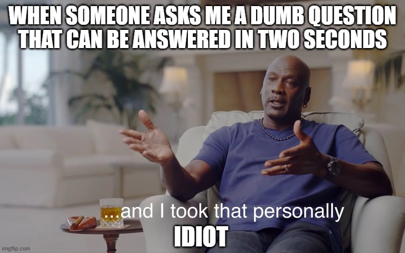 I seriously take this personally | WHEN SOMEONE ASKS ME A DUMB QUESTION THAT CAN BE ANSWERED IN TWO SECONDS; IDIOT | image tagged in and i took that personally | made w/ Imgflip meme maker