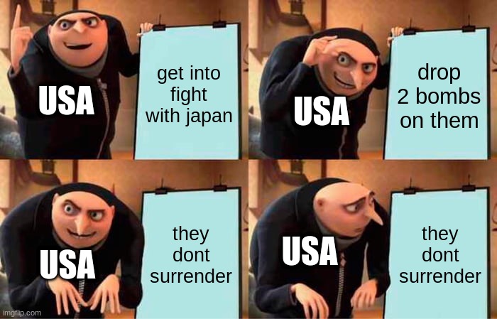 pacific showdown! Japan vs The United States! FIGHT! | get into fight with japan; drop 2 bombs on them; USA; USA; they dont surrender; they dont surrender; USA; USA | image tagged in memes,gru's plan | made w/ Imgflip meme maker