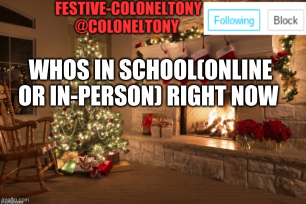 Festive ColonelTony Ancoument | WHOS IN SCHOOL(ONLINE OR IN-PERSON) RIGHT NOW | image tagged in festive coloneltony ancoument | made w/ Imgflip meme maker