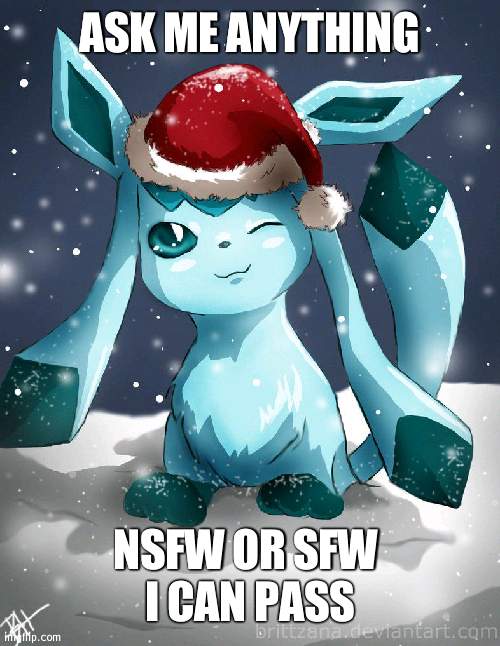 Glaceon xmas | ASK ME ANYTHING; NSFW OR SFW 
I CAN PASS | image tagged in glaceon xmas | made w/ Imgflip meme maker