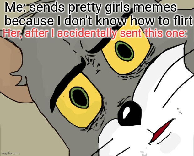 Unsettled Tom Meme | Me: sends pretty girls memes because I don't know how to flirt; Her, after I accidentally sent this one: | image tagged in memes,unsettled tom | made w/ Imgflip meme maker