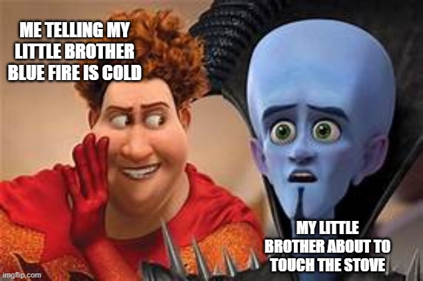 titan and megamind | ME TELLING MY LITTLE BROTHER BLUE FIRE IS COLD; MY LITTLE BROTHER ABOUT TO TOUCH THE STOVE | image tagged in memes,megamind,fire | made w/ Imgflip meme maker
