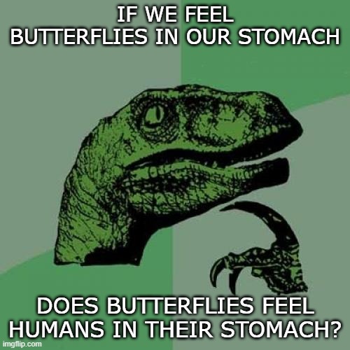 Do they? | IF WE FEEL BUTTERFLIES IN OUR STOMACH; DOES BUTTERFLIES FEEL HUMANS IN THEIR STOMACH? | image tagged in memes,philosoraptor,fun | made w/ Imgflip meme maker
