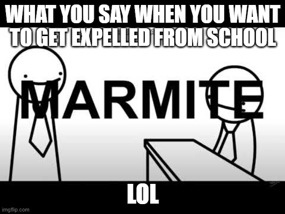 MARMITE BAD | WHAT YOU SAY WHEN YOU WANT TO GET EXPELLED FROM SCHOOL; LOL | image tagged in marmite bad | made w/ Imgflip meme maker