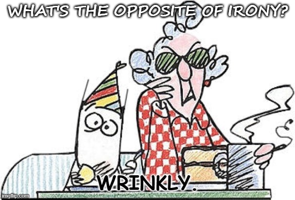 Daily Bad Dad Joke Dec 3 2020 | WHAT'S THE OPPOSITE OF IRONY? WRINKLY. | image tagged in maxine | made w/ Imgflip meme maker