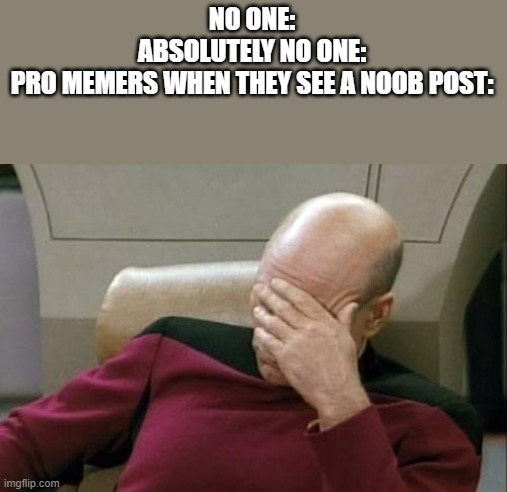 Captain Picard Facepalm Meme | NO ONE:
ABSOLUTELY NO ONE:
PRO MEMERS WHEN THEY SEE A NOOB POST: | image tagged in memes,captain picard facepalm | made w/ Imgflip meme maker