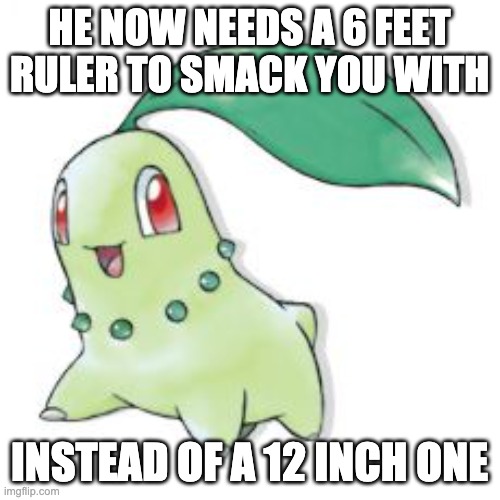 Chikorita | HE NOW NEEDS A 6 FEET RULER TO SMACK YOU WITH INSTEAD OF A 12 INCH ONE | image tagged in chikorita | made w/ Imgflip meme maker