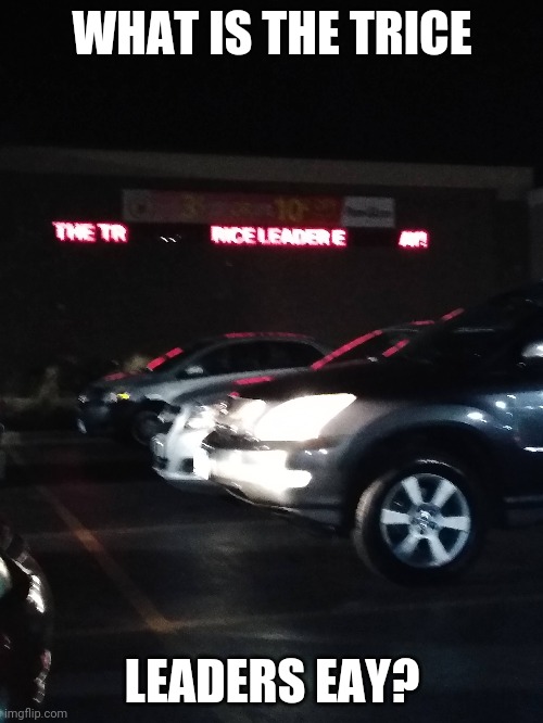 Sorry For The Blurry Photo Tho | WHAT IS THE TRICE; LEADERS EAY? | image tagged in store,light fail | made w/ Imgflip meme maker