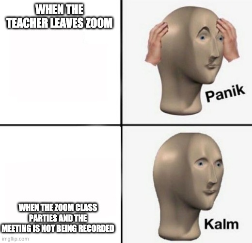 panik kalm | WHEN THE TEACHER LEAVES ZOOM WHEN THE ZOOM CLASS PARTIES AND THE MEETING IS NOT BEING RECORDED | image tagged in panik kalm | made w/ Imgflip meme maker