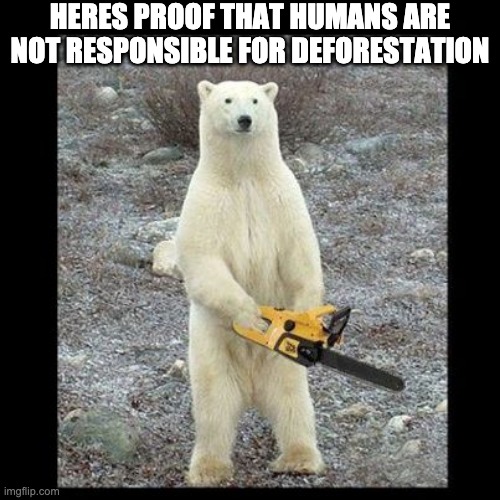 Chainsaw Bear Meme | HERES PROOF THAT HUMANS ARE NOT RESPONSIBLE FOR DEFORESTATION | image tagged in memes,chainsaw bear | made w/ Imgflip meme maker