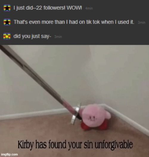 Don't worry, she used 3 years ago. Check out Cat_Queen102 here: https://imgflip.com/user/Cat_Queen102 | image tagged in kirby has found your sin unforgivable,tik tok sucks,oh wow are you actually reading these tags | made w/ Imgflip meme maker