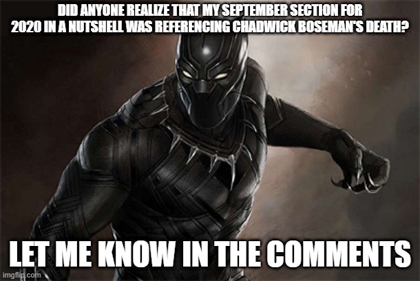 RIP Chadwick Boseman, and Wakanda Forever. | DID ANYONE REALIZE THAT MY SEPTEMBER SECTION FOR 2020 IN A NUTSHELL WAS REFERENCING CHADWICK BOSEMAN'S DEATH? LET ME KNOW IN THE COMMENTS | image tagged in black panther,chadwick boseman,wakanda forever,2020,2020 sucks,marvel cinematic universe | made w/ Imgflip meme maker