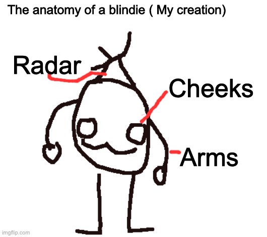 Here is a blindie i created the blindie species | The anatomy of a blindie ( My creation); Radar; Cheeks; Arms | image tagged in drawing,cute animals,cute | made w/ Imgflip meme maker