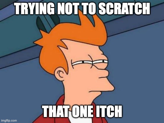 Futurama Fry Meme | TRYING NOT TO SCRATCH; THAT ONE ITCH | image tagged in memes,futurama fry | made w/ Imgflip meme maker