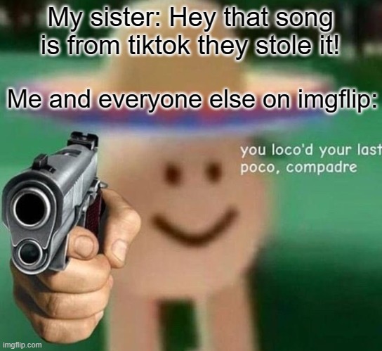When someone says they stole it from tiktok | My sister: Hey that song is from tiktok they stole it! Me and everyone else on imgflip: | image tagged in you've loco d your last poco compadre | made w/ Imgflip meme maker