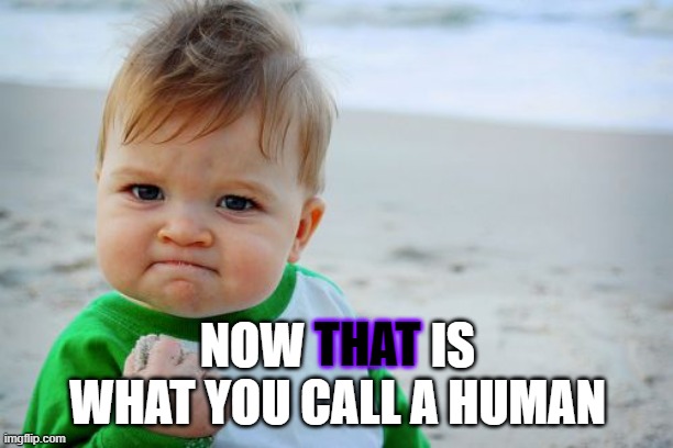 Success Kid Original Meme | THAT NOW             IS WHAT YOU CALL A HUMAN | image tagged in memes,success kid original | made w/ Imgflip meme maker