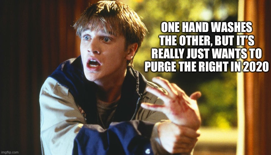 2020 remakes idle hands | ONE HAND WASHES THE OTHER, BUT IT’S REALLY JUST WANTS TO PURGE THE RIGHT IN 2020 | image tagged in random | made w/ Imgflip meme maker